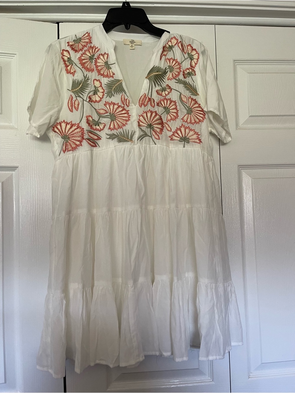 entro White Tiered Dress with Coral and Olive Floral Embroidery